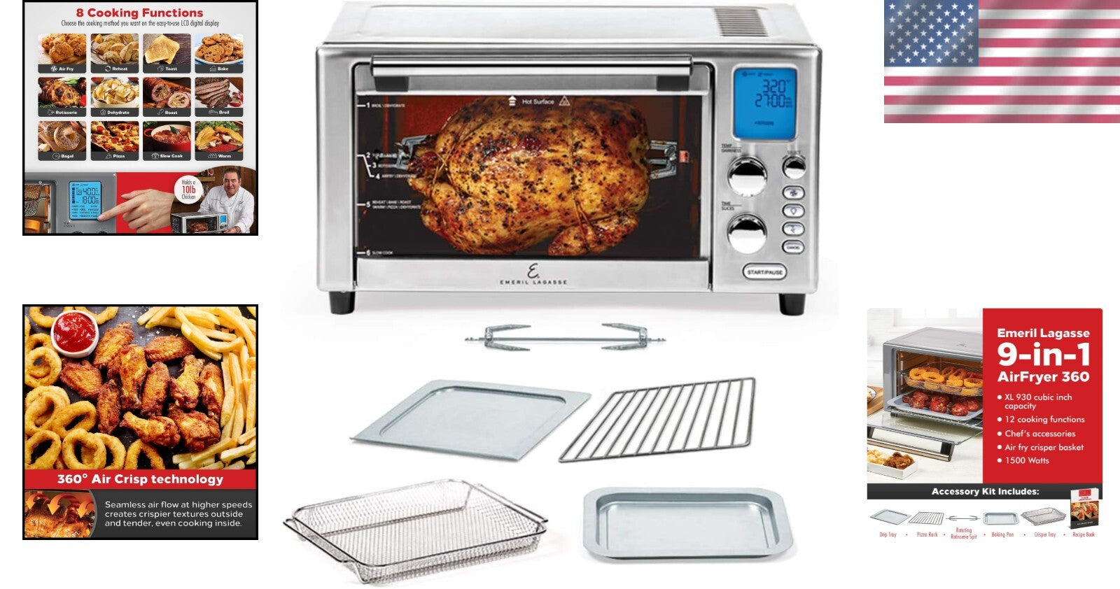 Compact 1500W Air Fryer: XL Stainless Steel Design with Rotisserie & Dehydrator