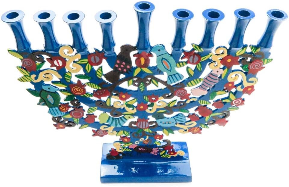 Stunning Blue Menorah Featuring Tree Design & Colorful Birds - Perfect Gift