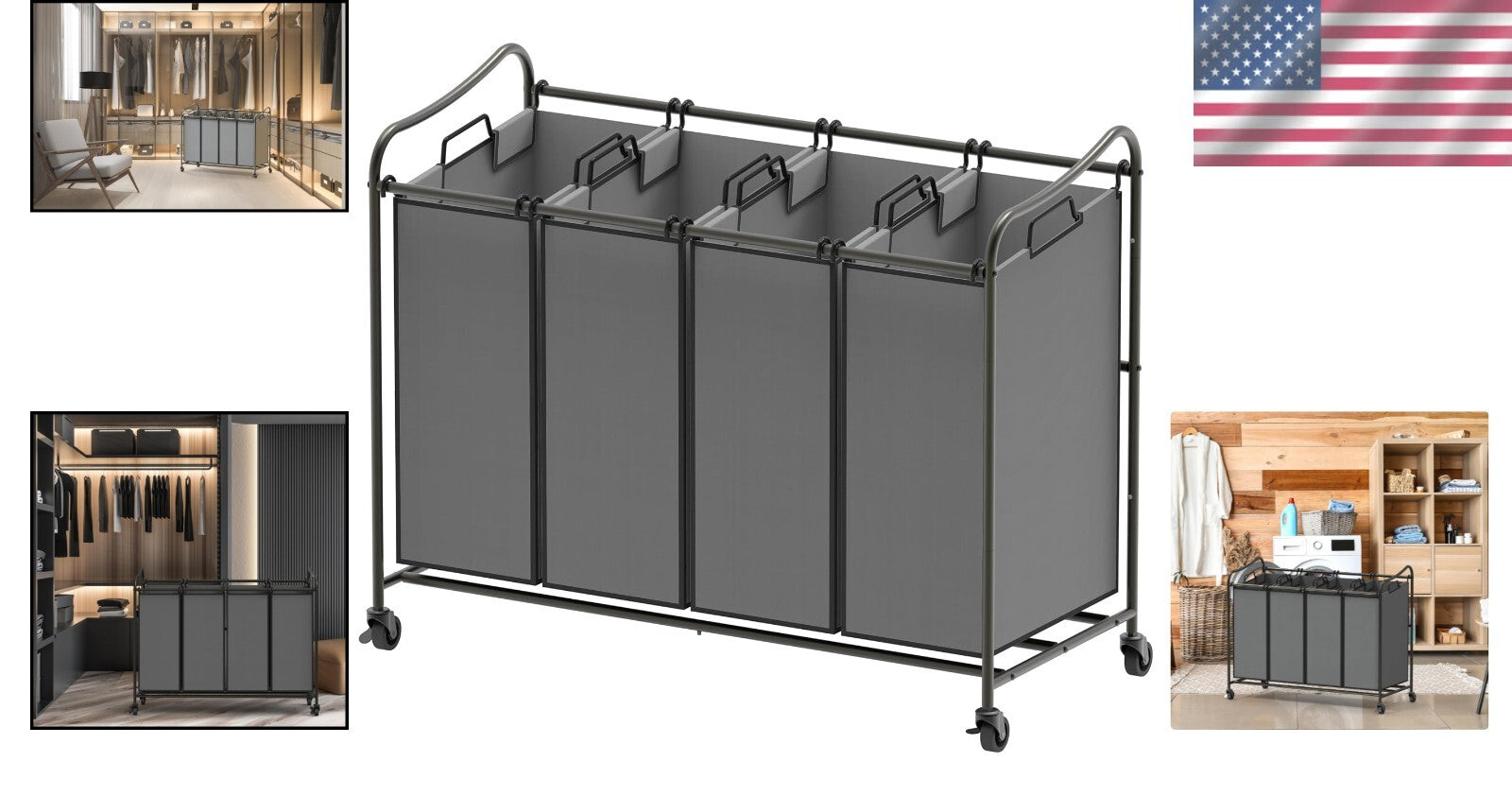 Durable 4-Bag Laundry Sorter with Smooth-Rolling Wheels - Modern Design