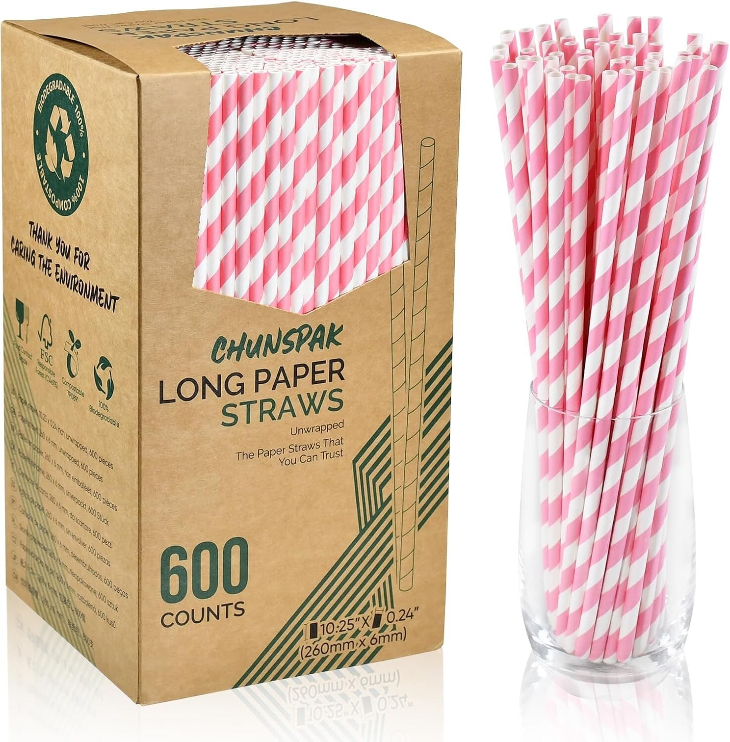 10.25" Pink & White Striped Disposable Paper Straws - 600 Count, Biodegradable