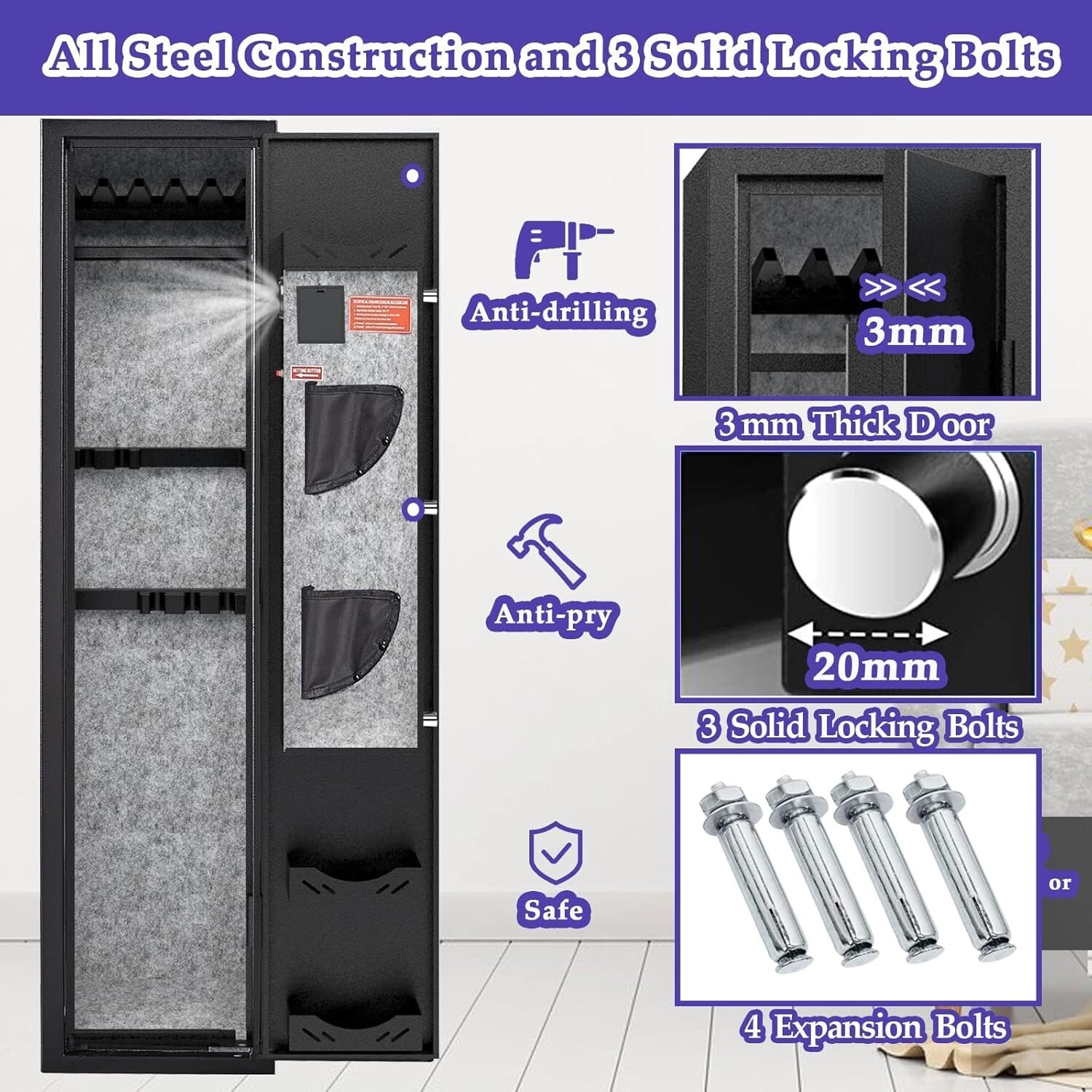 Secure 3-5 Gun Cabinet with Adjustable Racks - Quick Access for Home Protection