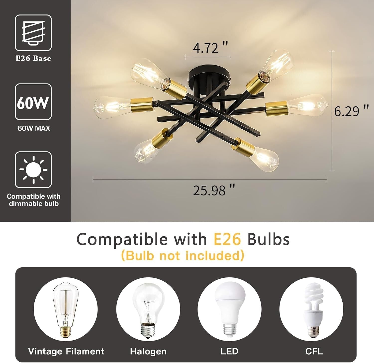 Luxurious 6-Bulb Sputnik Chandelier - Ideal for Dining, Living & Bedroom Decor