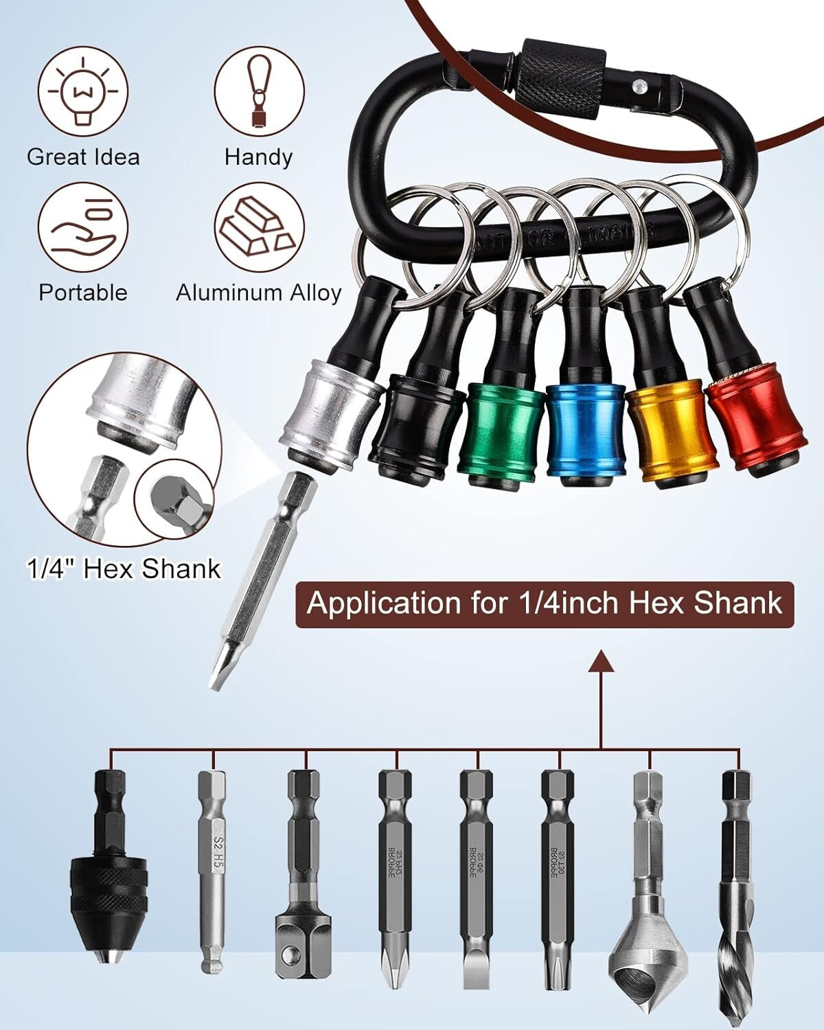 Portable 1/4 Inch Hex Bit Holder Set - Lightweight Aluminum with Carabiner