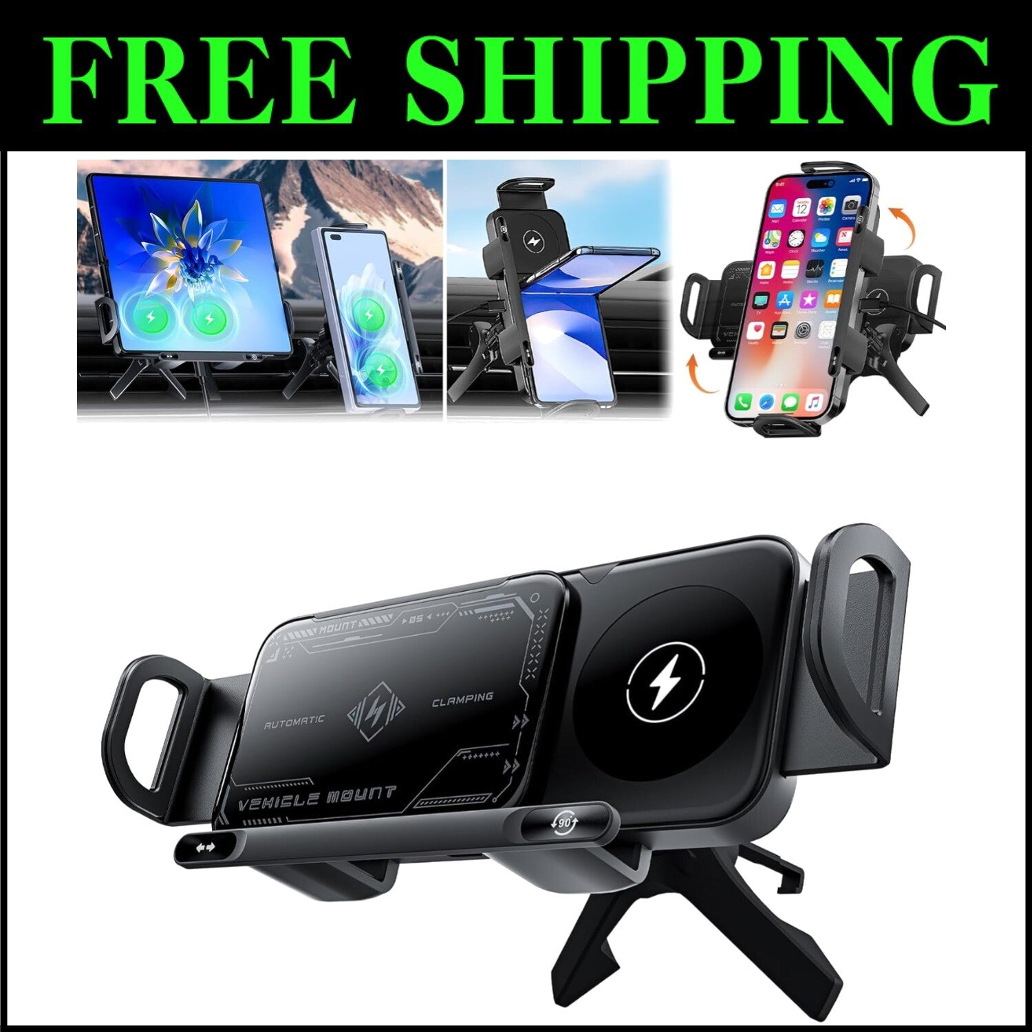 15W Wireless Car Charger and Auto Rotating Phone Holder - Magnetic Mount Black