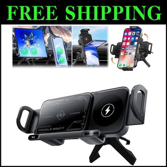 15W Wireless Car Charger and Auto Rotating Phone Holder - Magnetic Mount Black