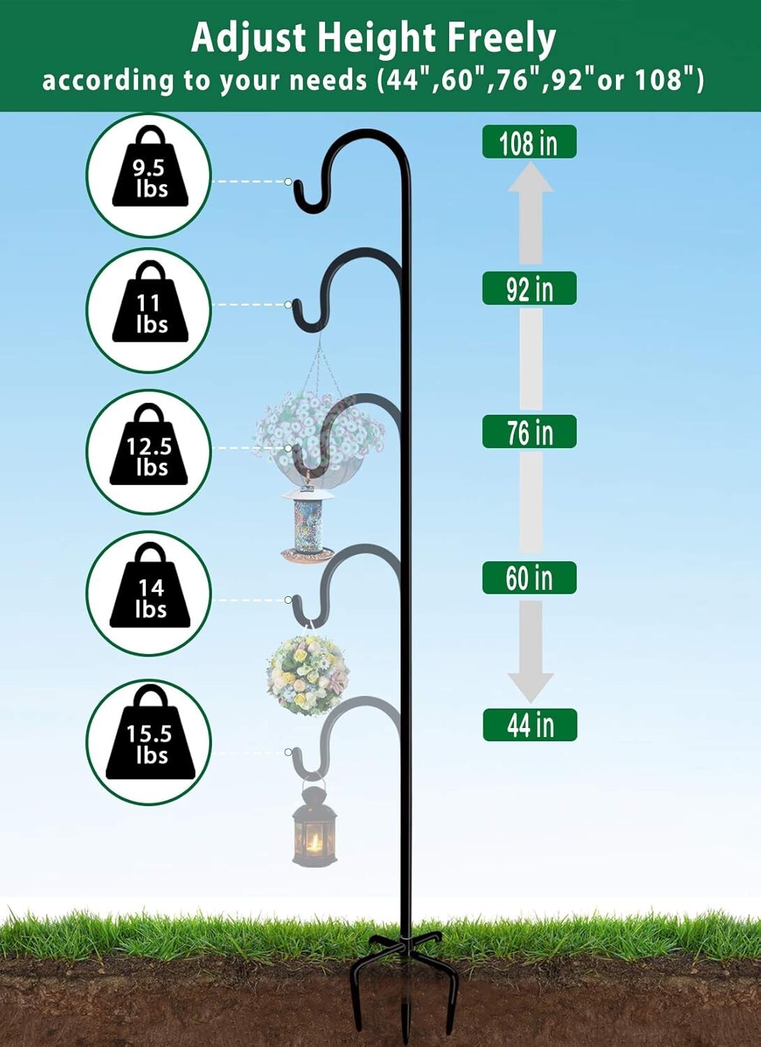 Black Powder-Coated Adjustable Outdoor Shepherd Hook, 5 Prongs for Stability