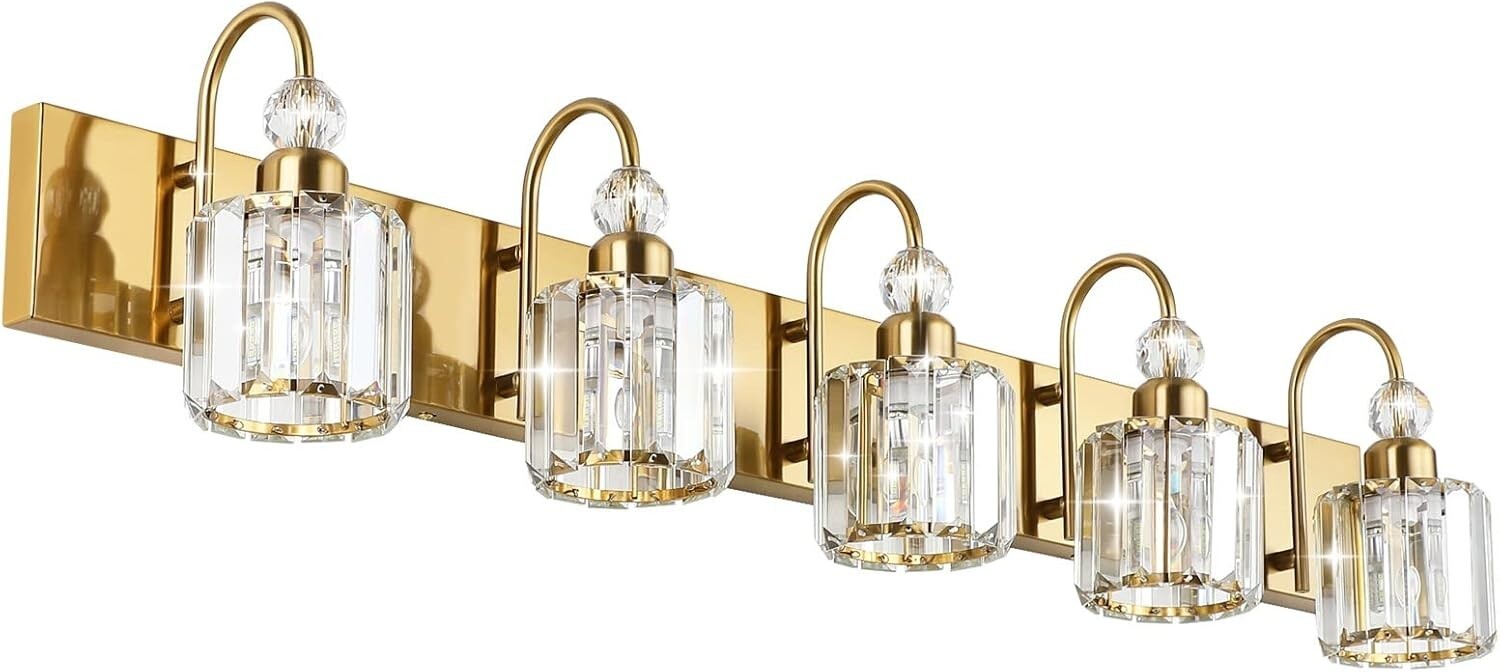 Elegantly Crafted 5-Light Brass Gold Vanity Wall Lighting with Crystal Shades