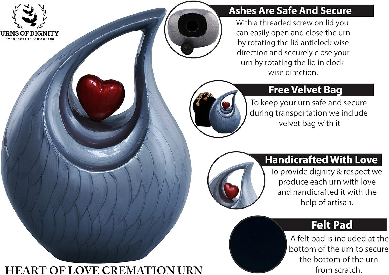 Heart of Love Cremation Urn - Elegant Memorial for Adult Ashes, 220 Cubic Inches