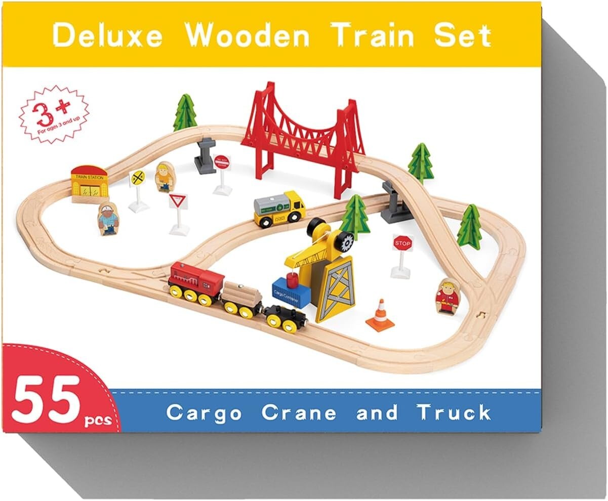 Premium Wooden Train Set - 55PCS with Accessories & Crane for Imaginative Play
