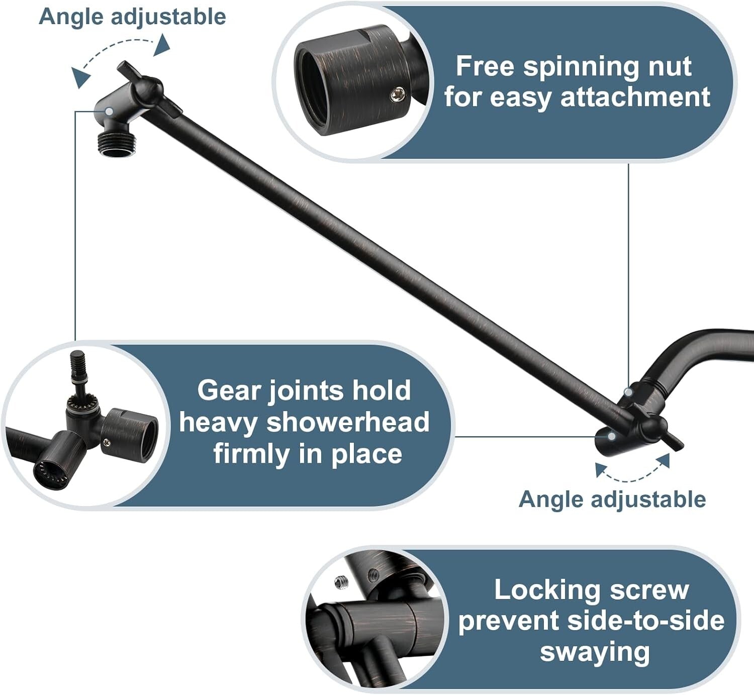 Adjustable 15 Inch Brass Shower Arm Extender with Locking Screw Stability