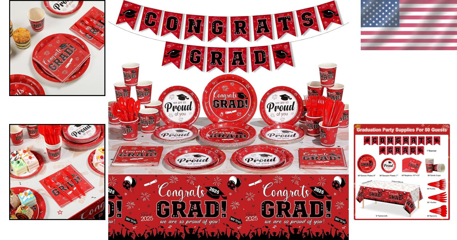 Disposable Graduation Party Supplies Set: 357 Red Plates, Napkins, Banner & More