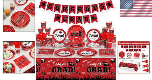 Disposable Graduation Party Supplies Set: 357 Red Plates, Napkins, Banner & More