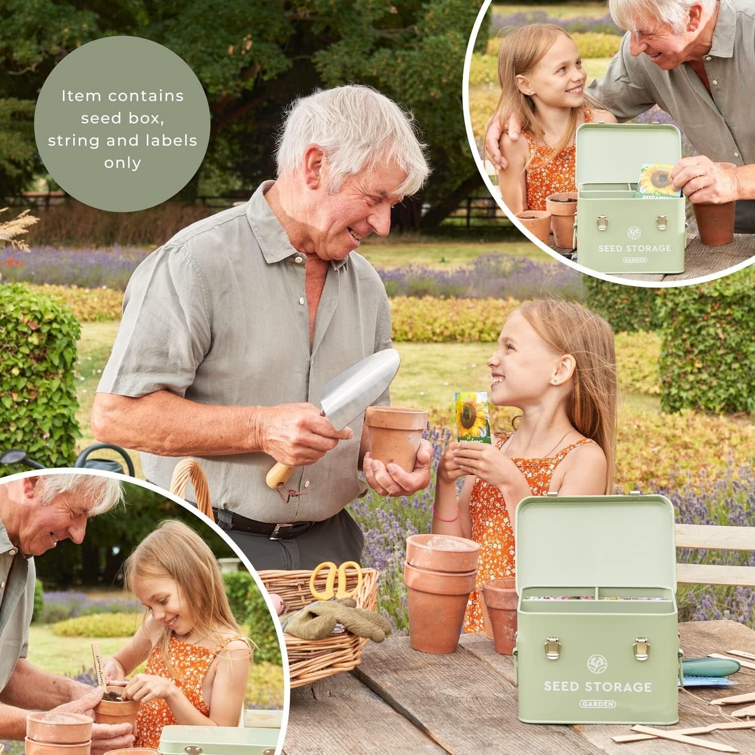 Elegant Metal Seed Storage Box with 3 Compartments & Bamboo Labels - Green