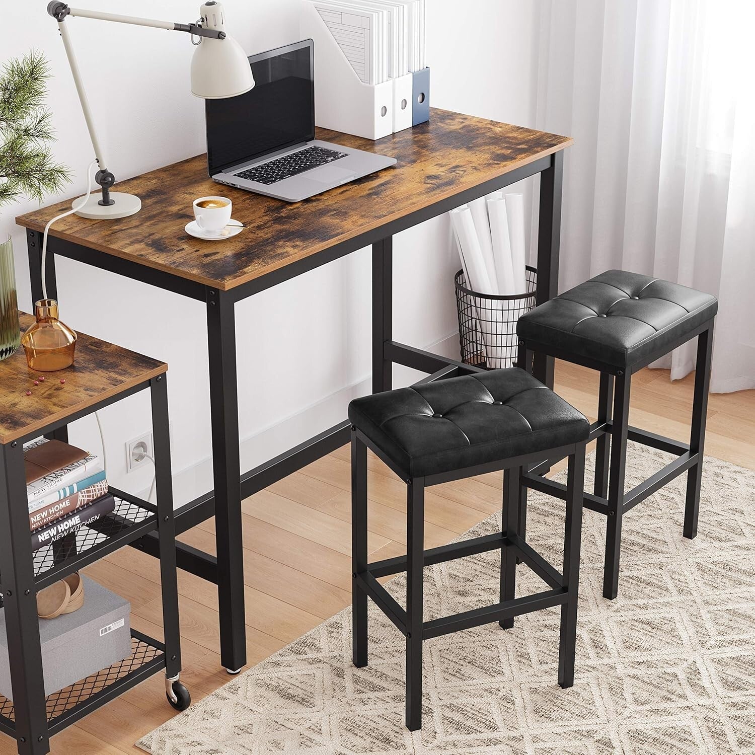 Backless Black Counter Bar Stools - Set of 2, Durable PU Leather, 24.4" Height