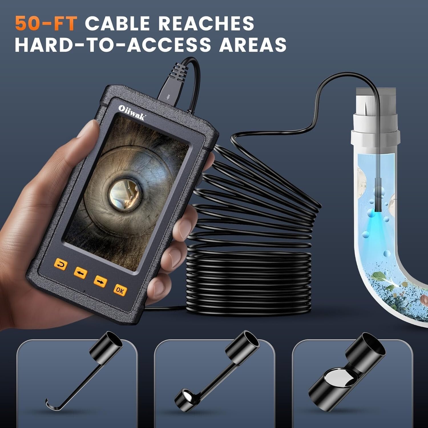 Waterproof Snake Borescope Camera - 4.3" IPS Screen for Pipe & Sewer Inspection
