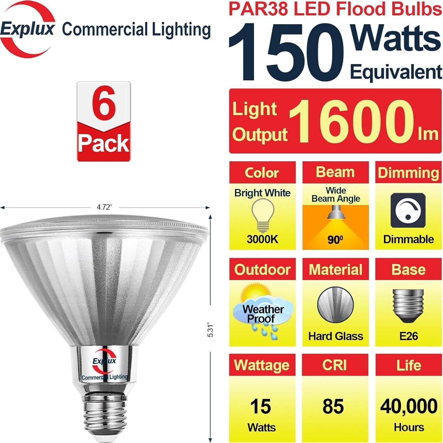 Energy-Efficient Glass Flood Light Bulbs - 150W Equivalent, 3000K Bright White
