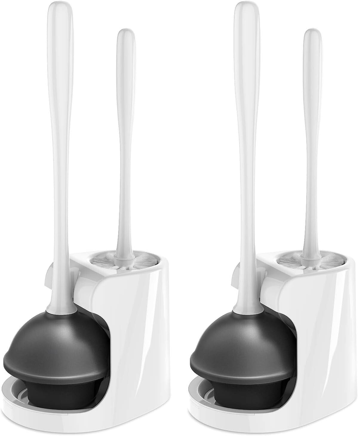 Compact White Toilet Cleaner Set with Plunger, Brush, and Storage Holder