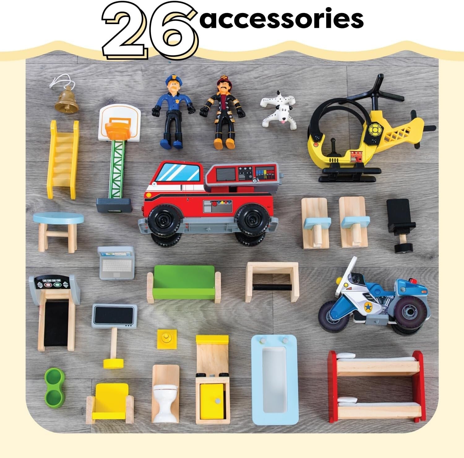 Everyday Heroes 3-Level Wooden Playset with Foldable Design & Firefighter's Pole