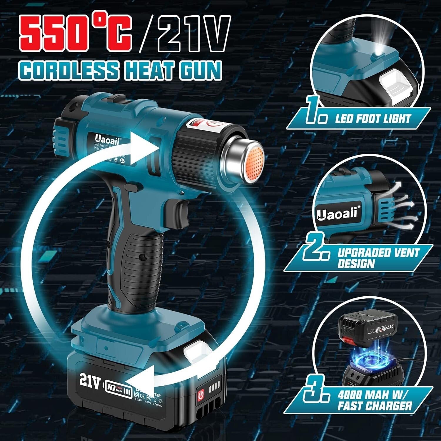 Portable Hot Air Gun Kit - 21V, 4 Nozzle Set, LED & Ergonomic Design, 1022°F