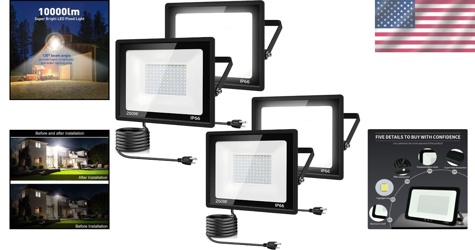 4-Pack 250W Outdoor LED Flood Lights - Shatterproof, IP66 Rated for All Weather
