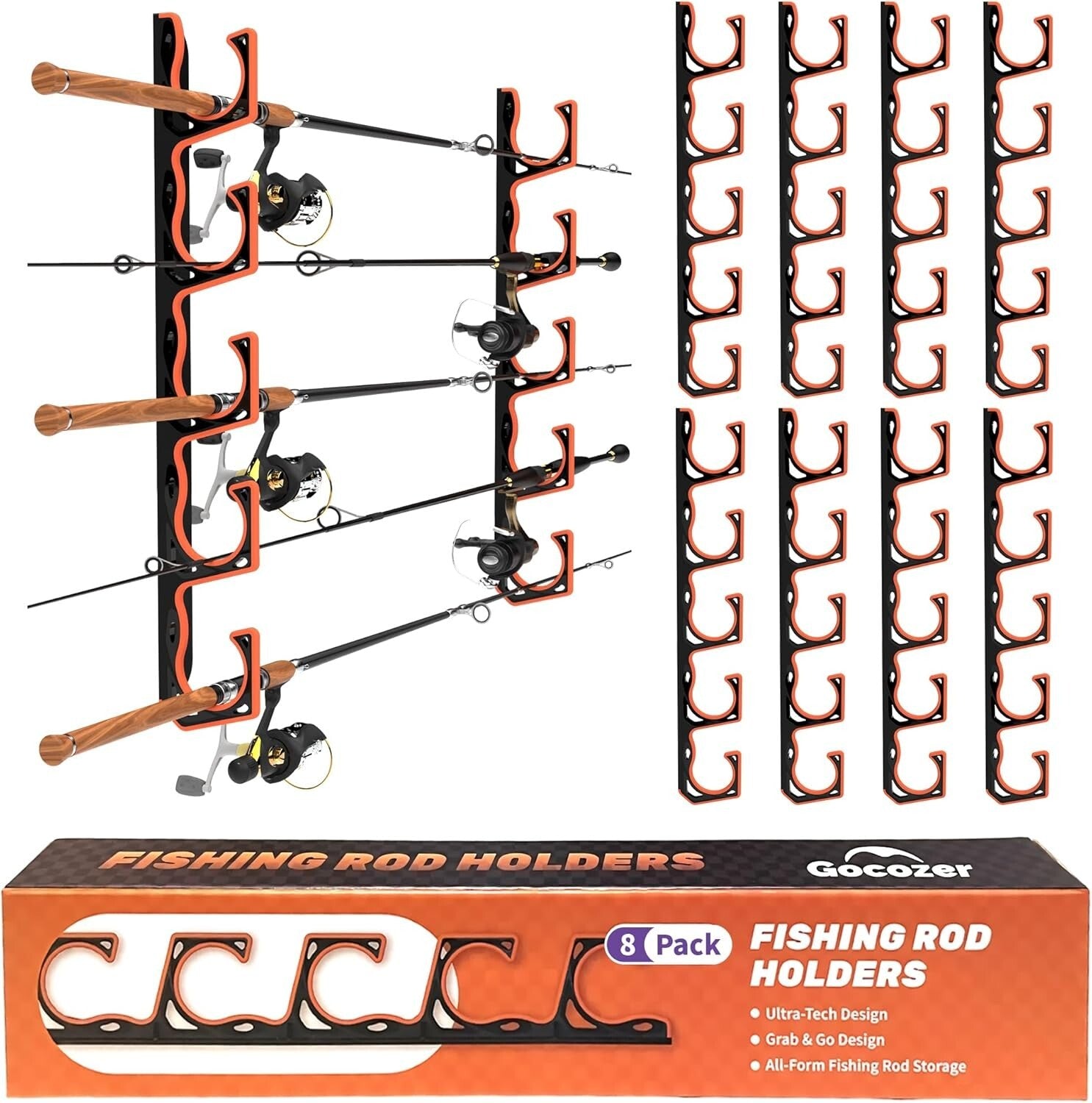 Organize Your Garage with 8 Pack Fishing Rod Holder - Durable Wall Mount System