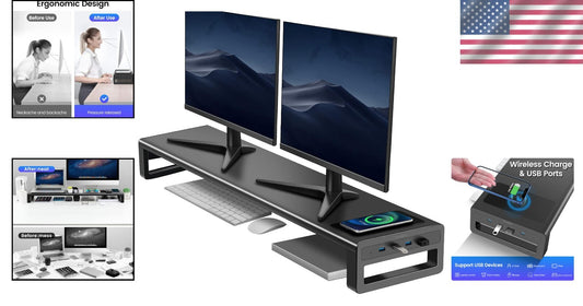 High-Quality Dual Monitor Riser with Fast Wireless Charging & 4 USB Ports