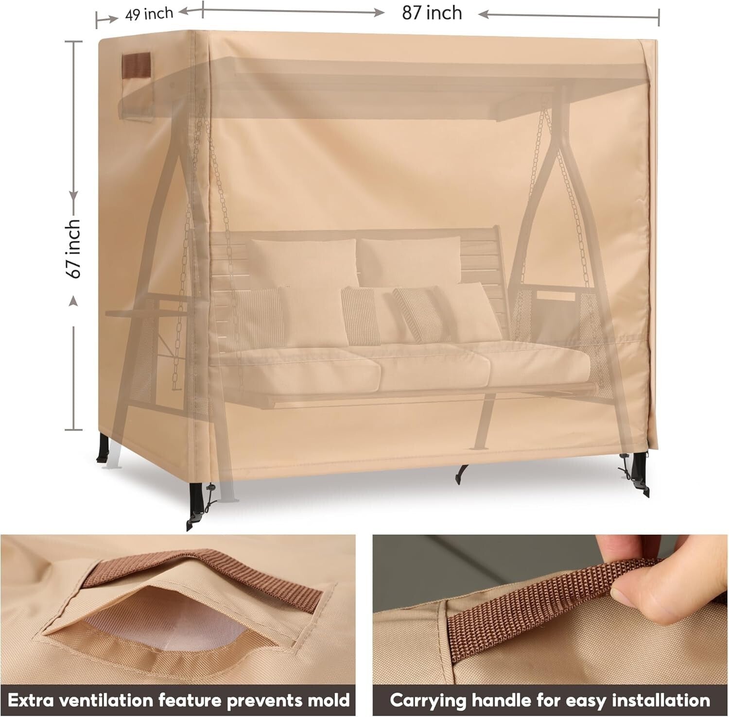 Elegant Beige Waterproof 3-Seat Swing Cover with UV Protection & Storage Bag