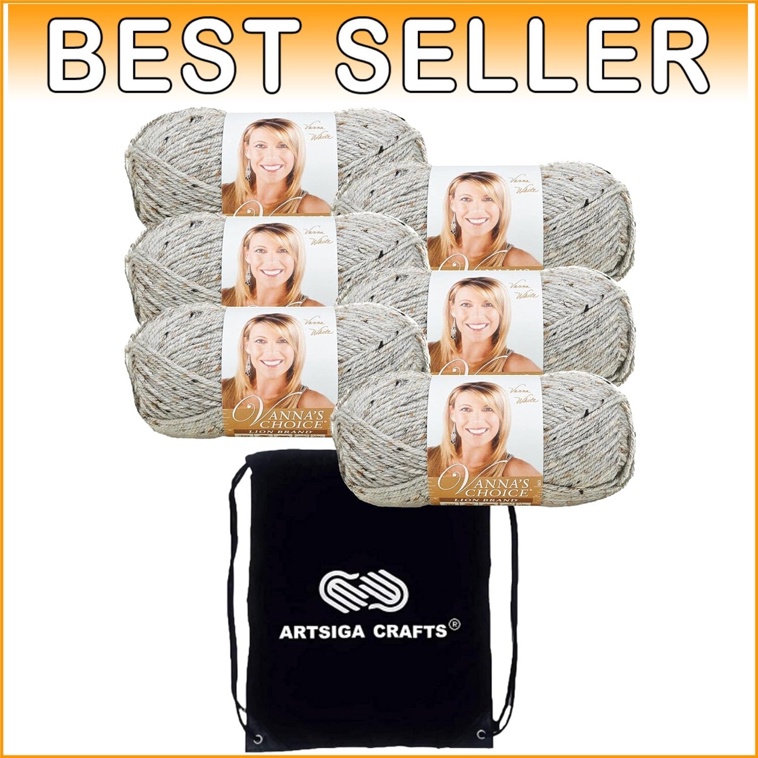 6 Skeins Vanna's Choice Grey Marble Yarn with Matching Project Bag for Crafters