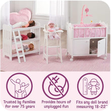 Load image into Gallery viewer, Heirloom Wooden Doll Bed with Storage &amp; Musical Mobile, Personalized Kit - 22in