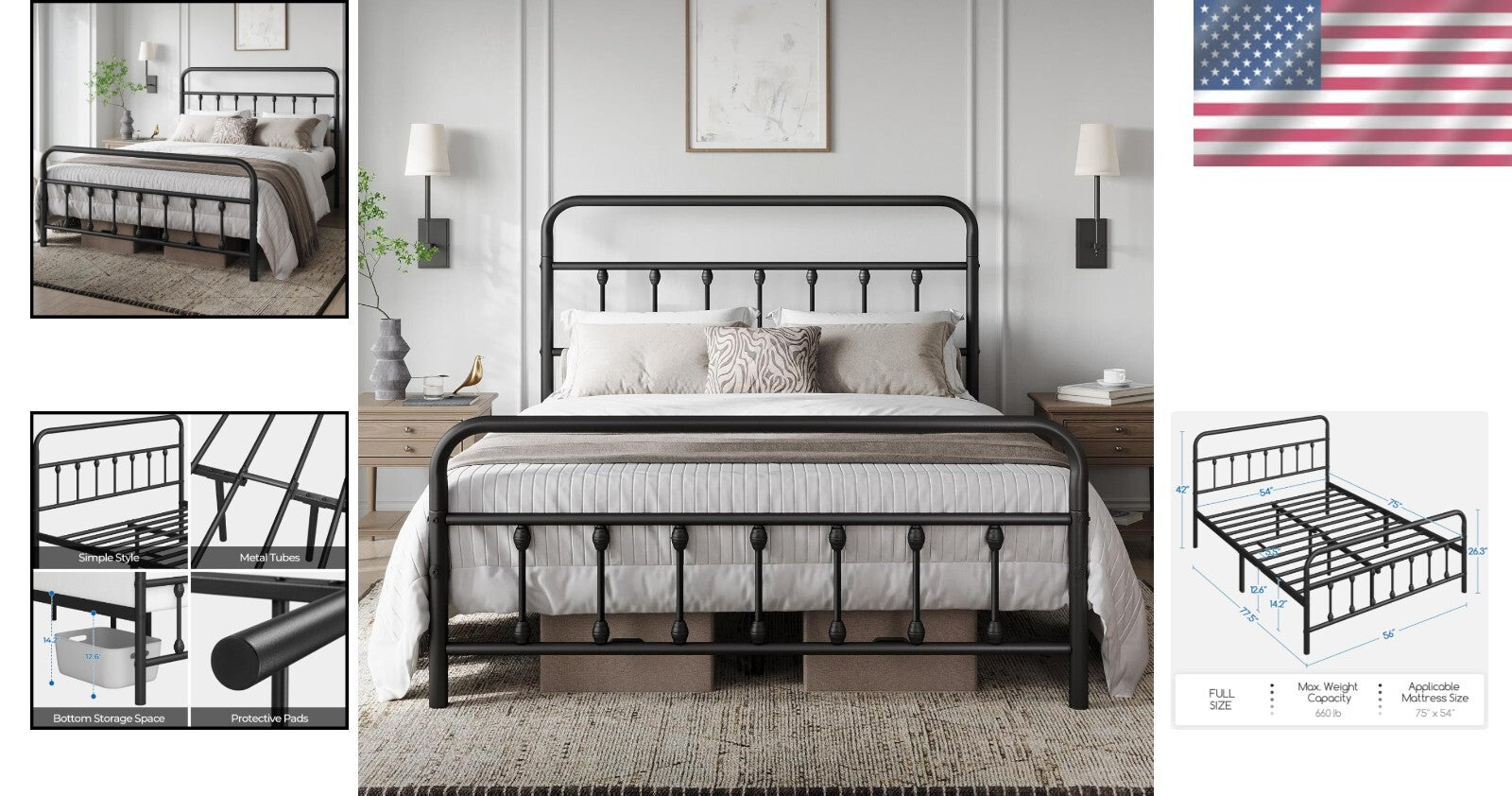 Elegant Black Iron Bed Frame - Full Size with High Headboard & Under Bed Storage