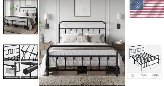 Elegant Black Iron Bed Frame - Full Size with High Headboard & Under Bed Storage