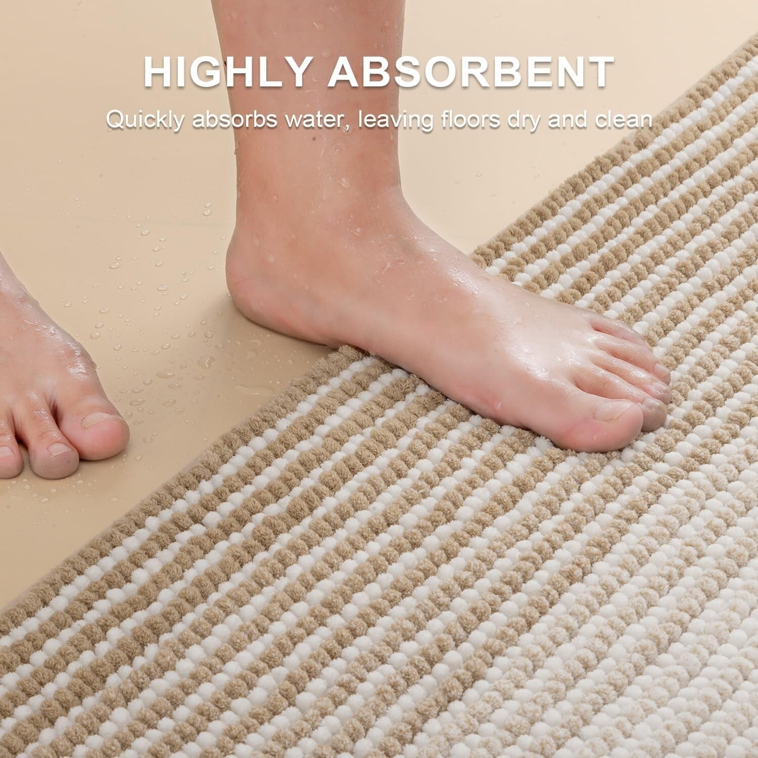 Thick Chenille Bath Mat Set in Beige - Non-Slip & Quick-Drying (20" x 60")