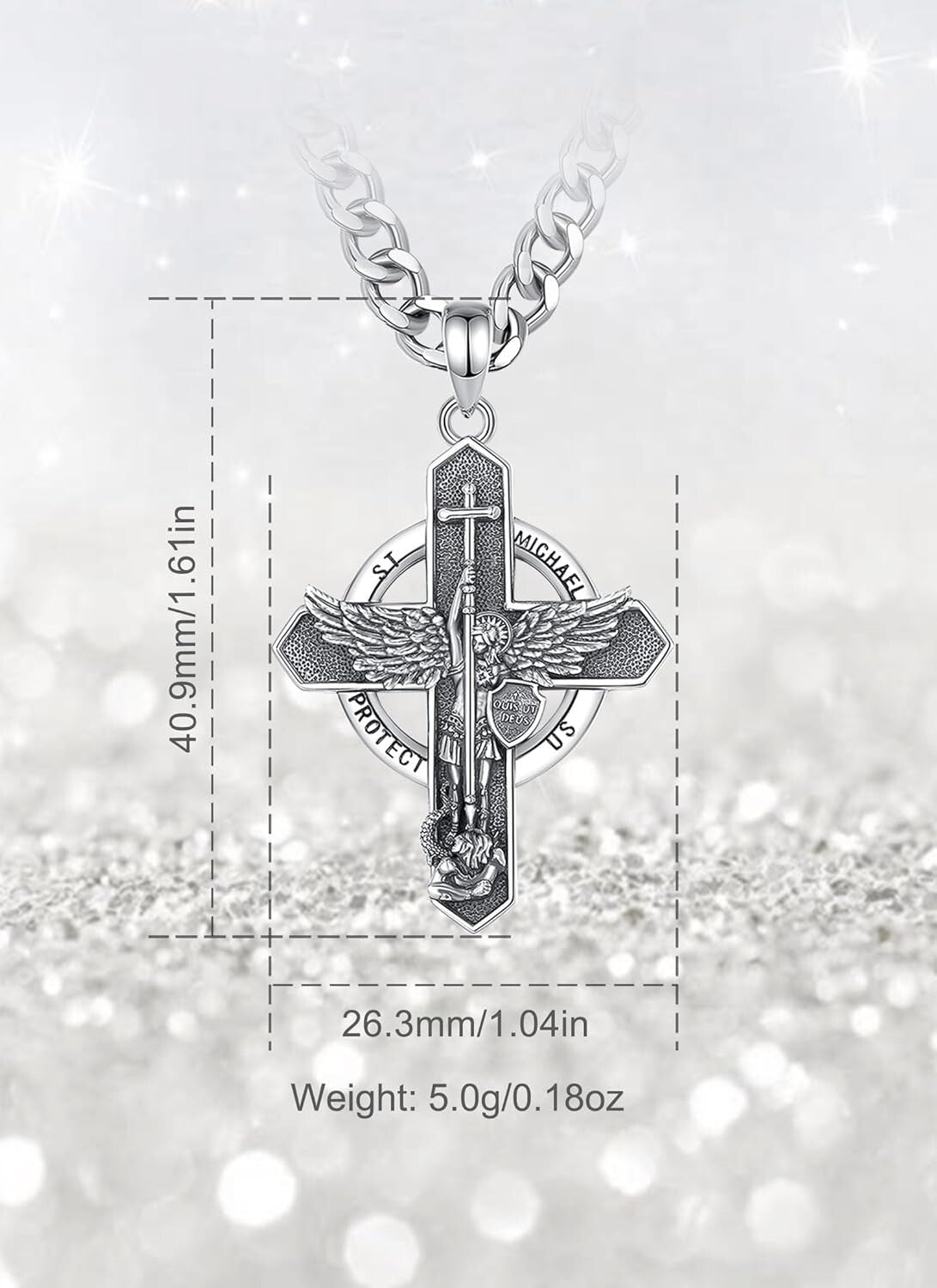 925 Sterling Silver St. Michael Cross Pendant with Cuban Chain - Spiritual Gift
