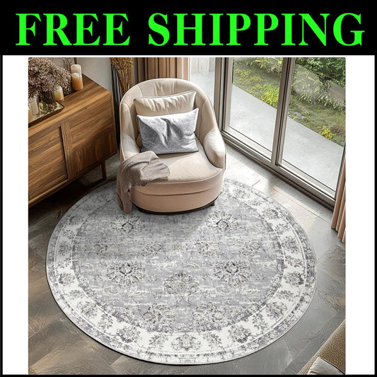 6ft Round Floral Distressed Area Rug - Machine Washable & Non-Slip Grey Elegance