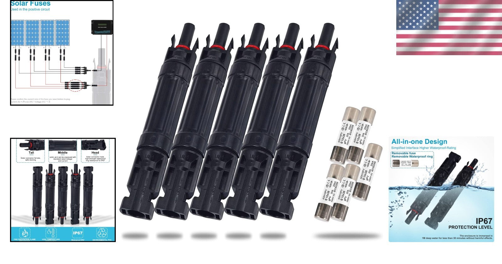 Durable 10A Solar Fuse Connector Set - Male & Female Inline Connection, 5 pcs