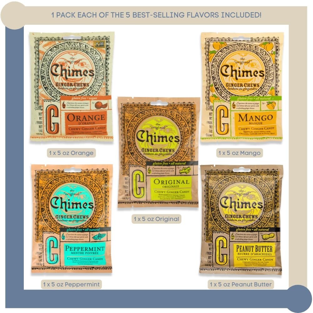 Chimes Ginger Chews Large 5 Flavor Variety Pack - Vegan & Gluten-Free Delight