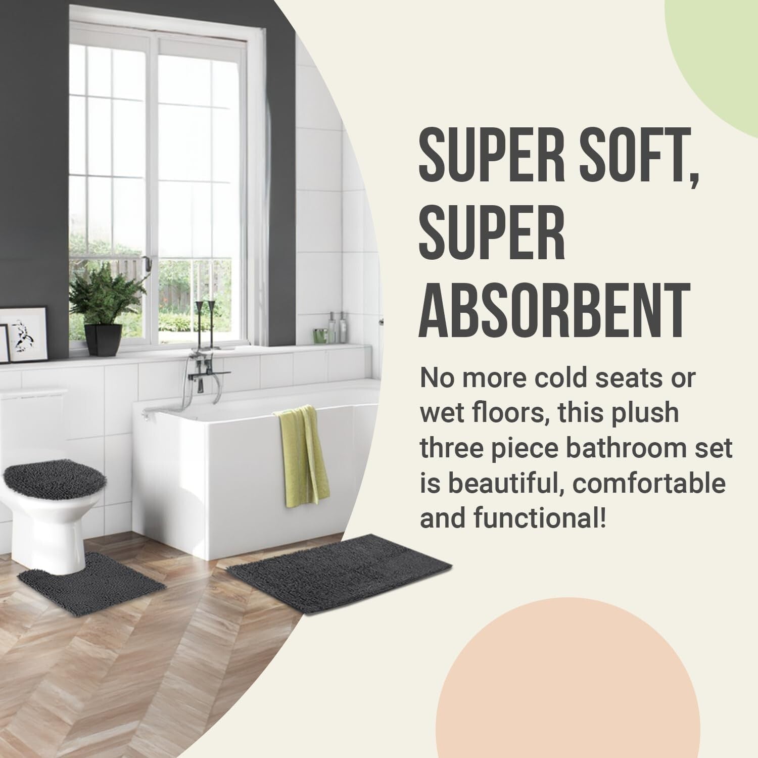 3pc Non-Slip Shaggy Chenille Bath Mat Set in Beige with Toilet Rug and Lid Cover