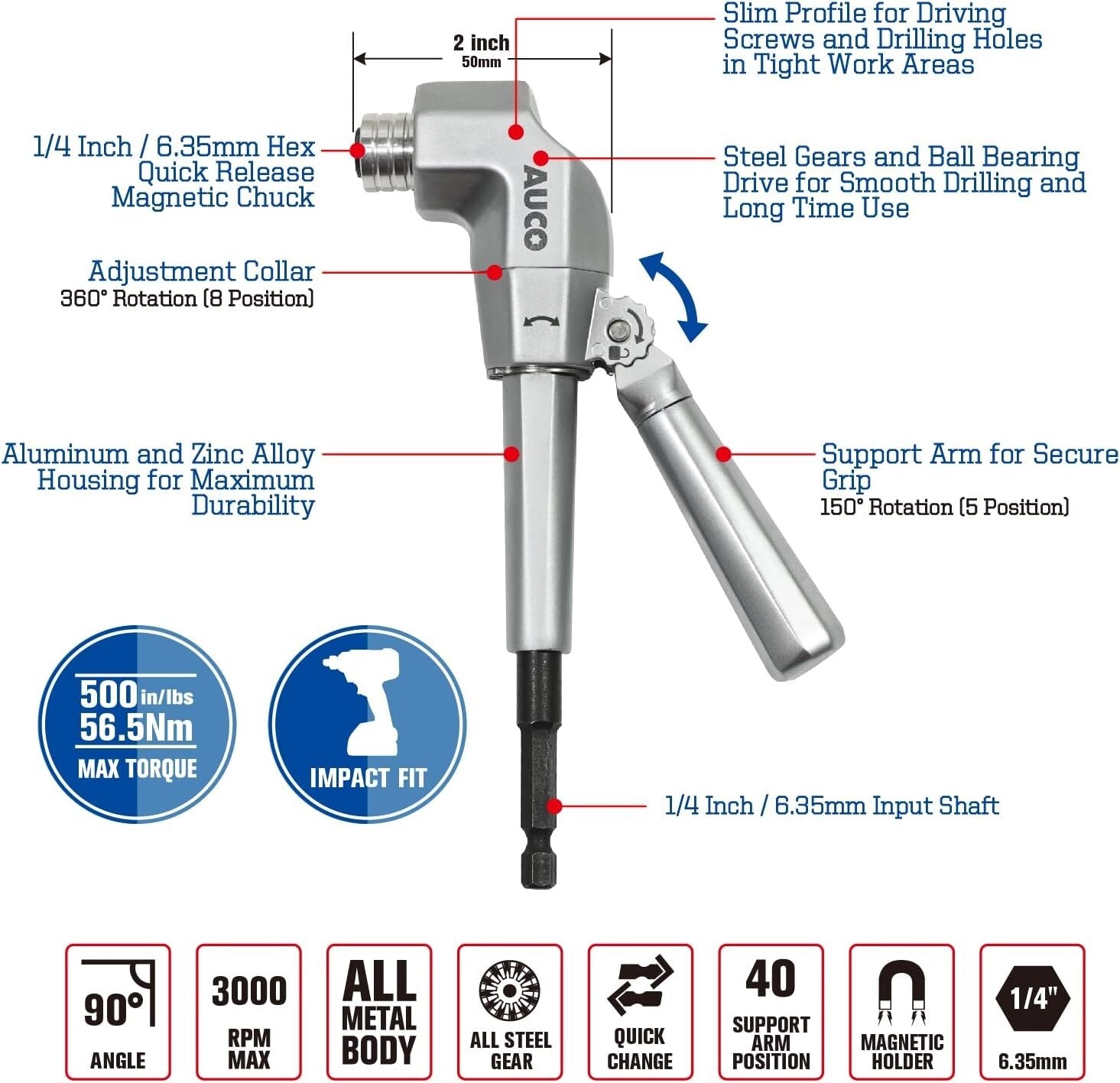 All Metal Right Angle Drill Attachment - Impact Driver Compatible Up to 3000 RPM