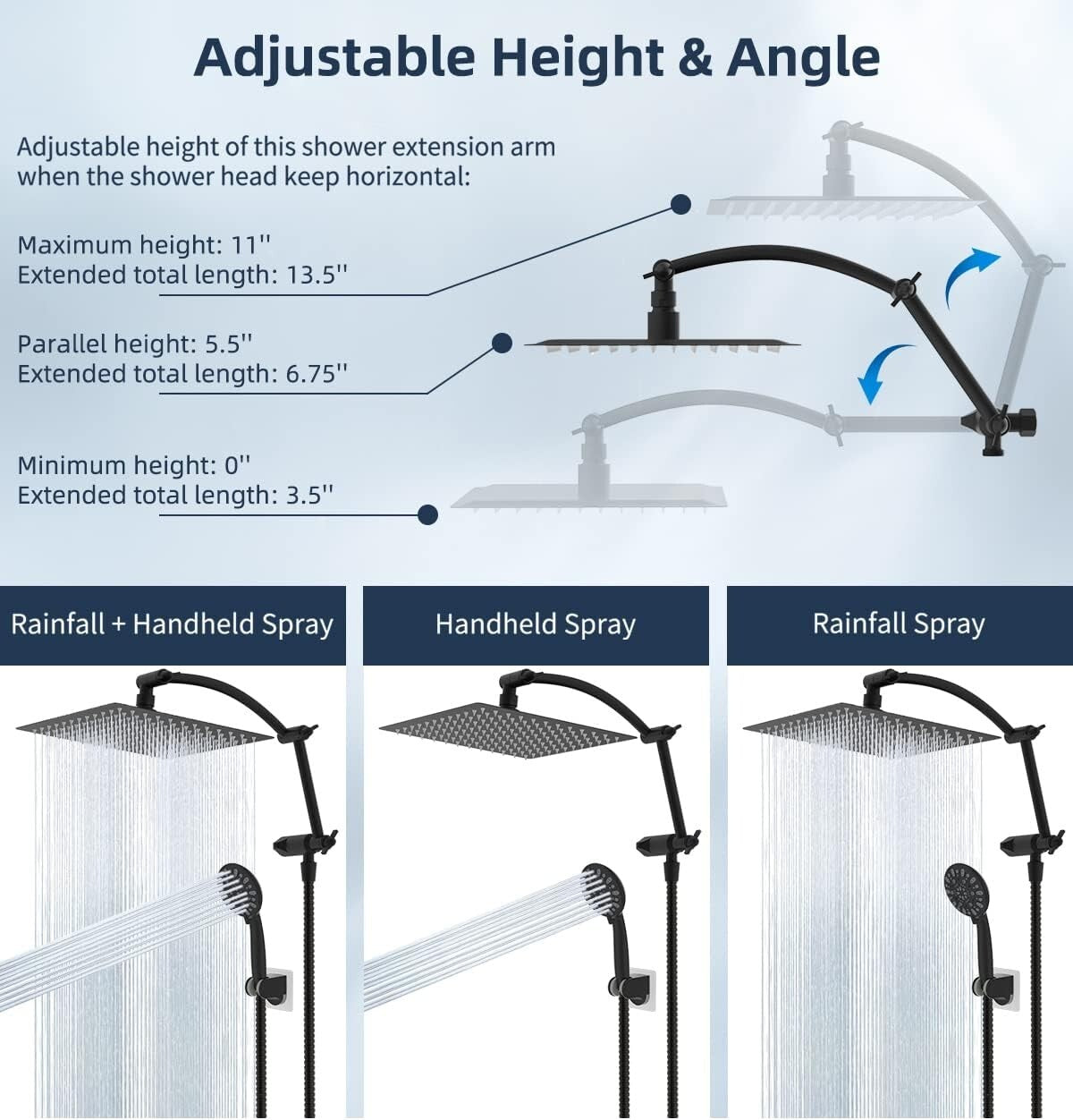 Luxury 12'' All-Metal Rainfall Shower System with Handheld and Adjustable Arm