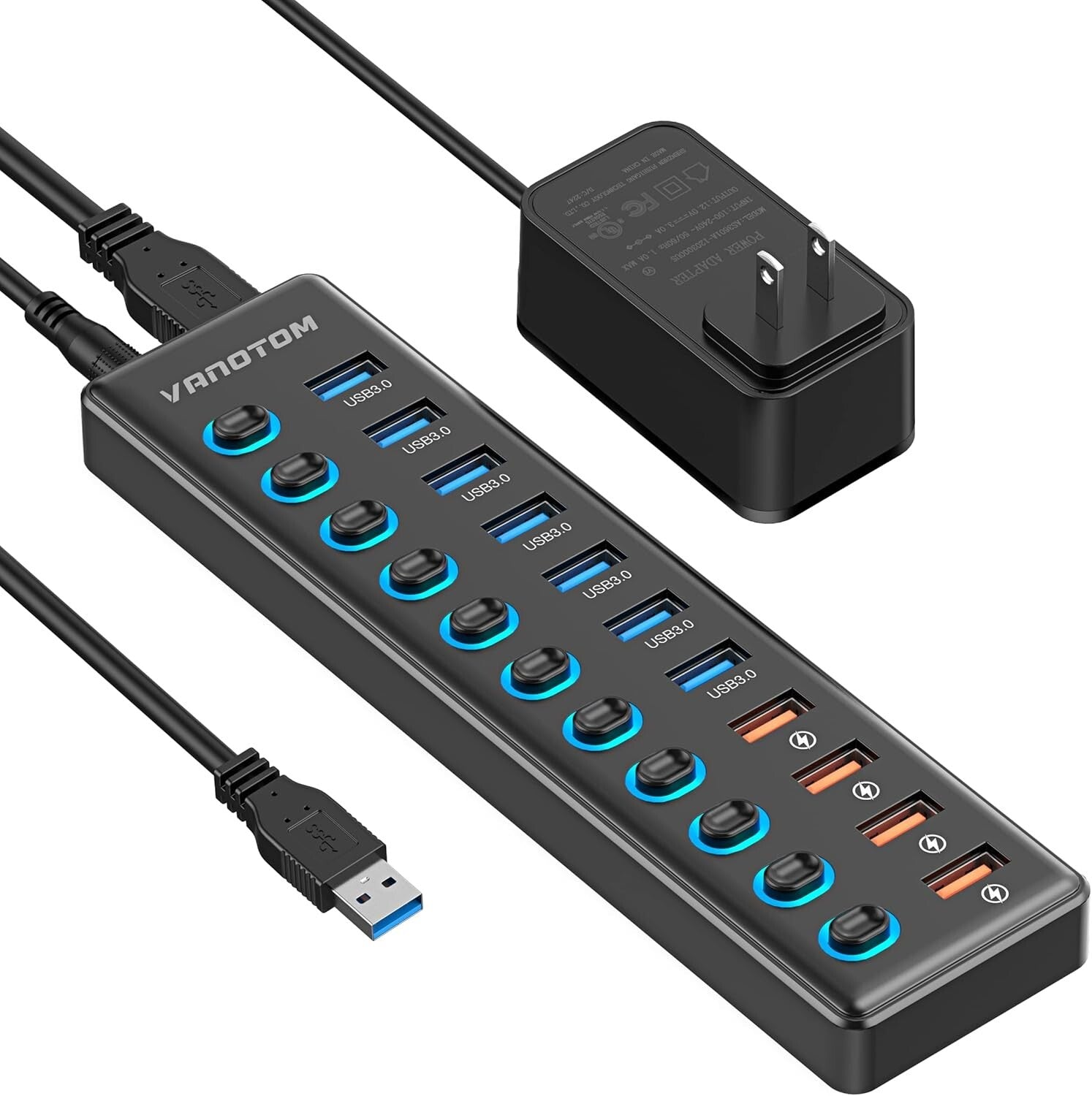 Powered 11-Port USB Hub 3.0 Splitter with Smart Charging & Individual Switches