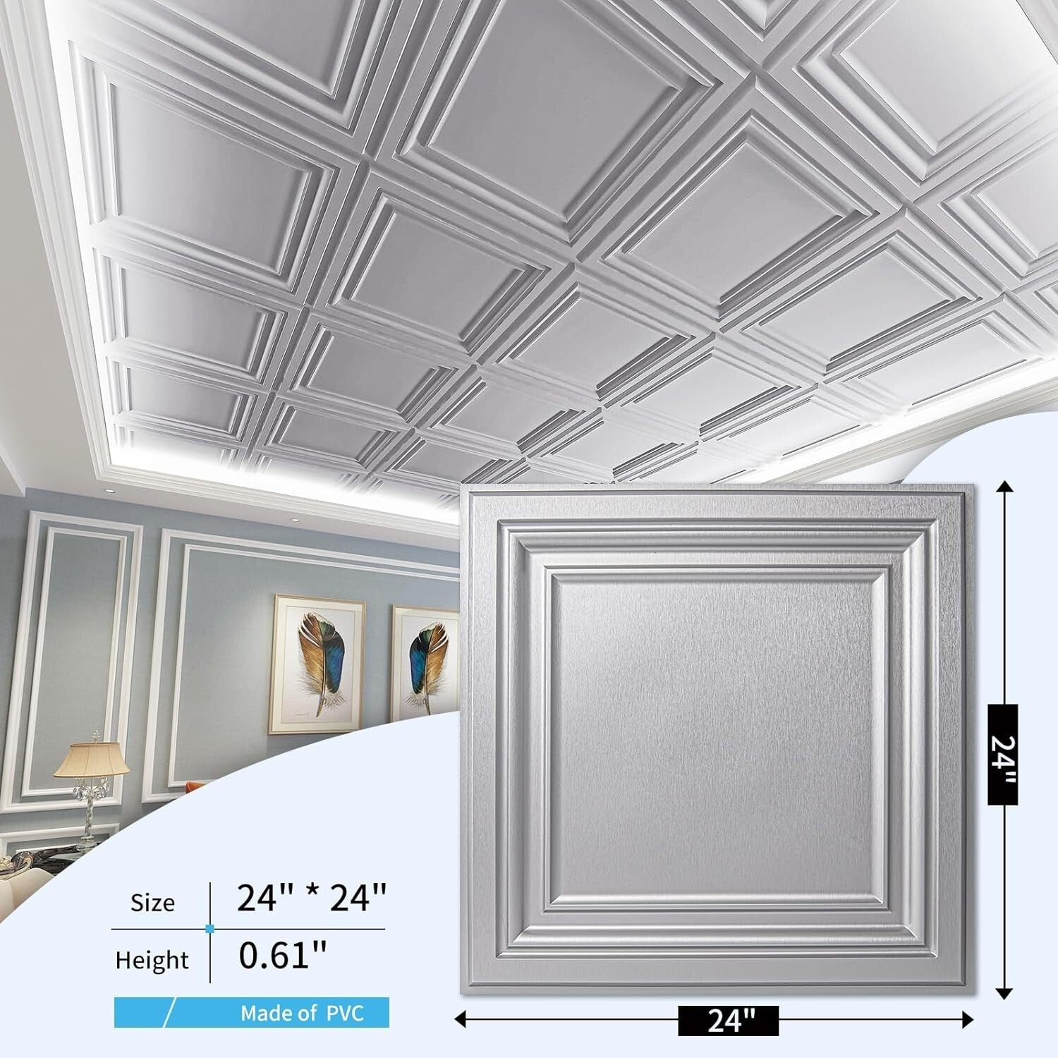 12-Pack 2'x2' PVC Ceiling Tiles in Argent Silver - Durable & Stylish Upgrade