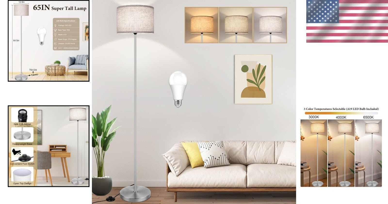 Elegant 65-Inch Floor Lamp with Easy-Control Foot Switch & Adjustable Lighting