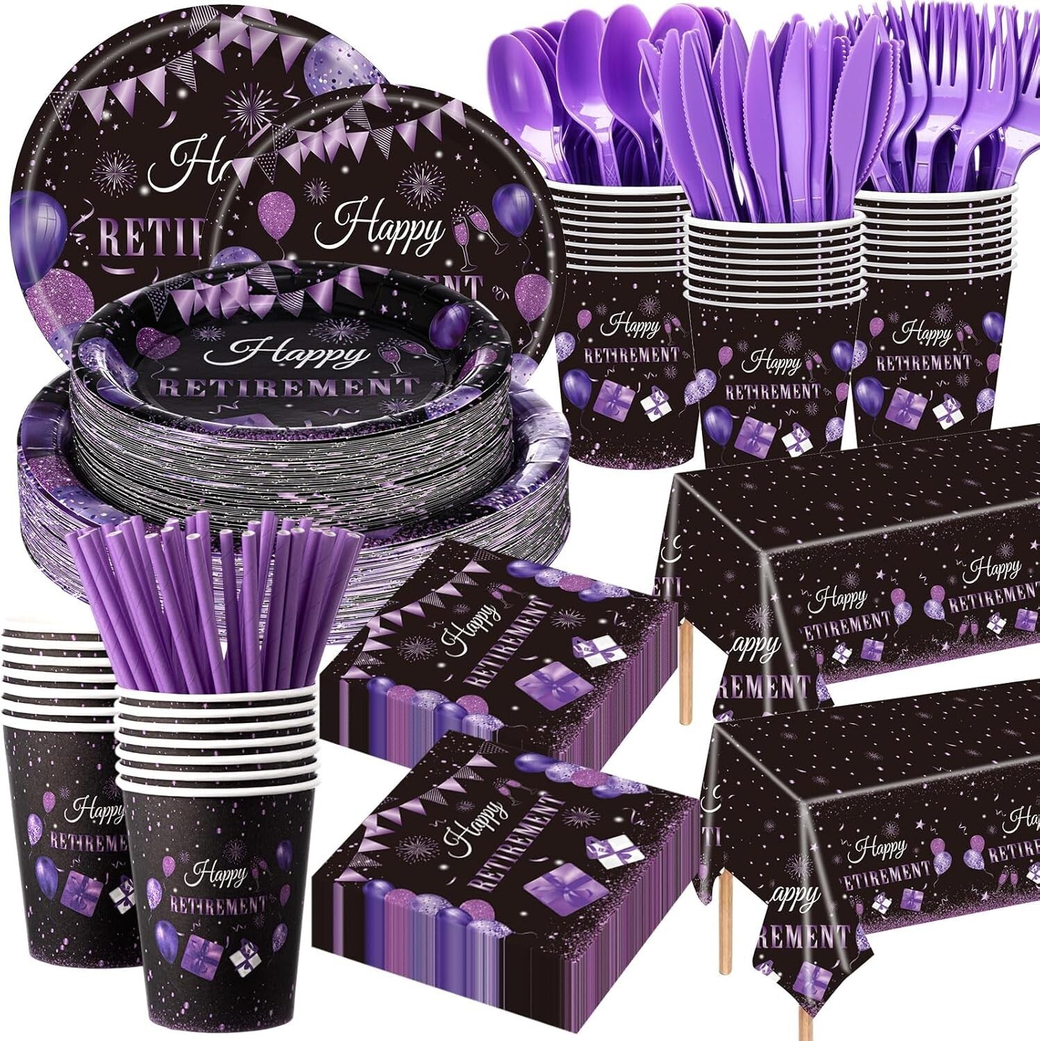 All-in-One 452-Piece Retirement Party Decorations - Classy Purple and Black Set