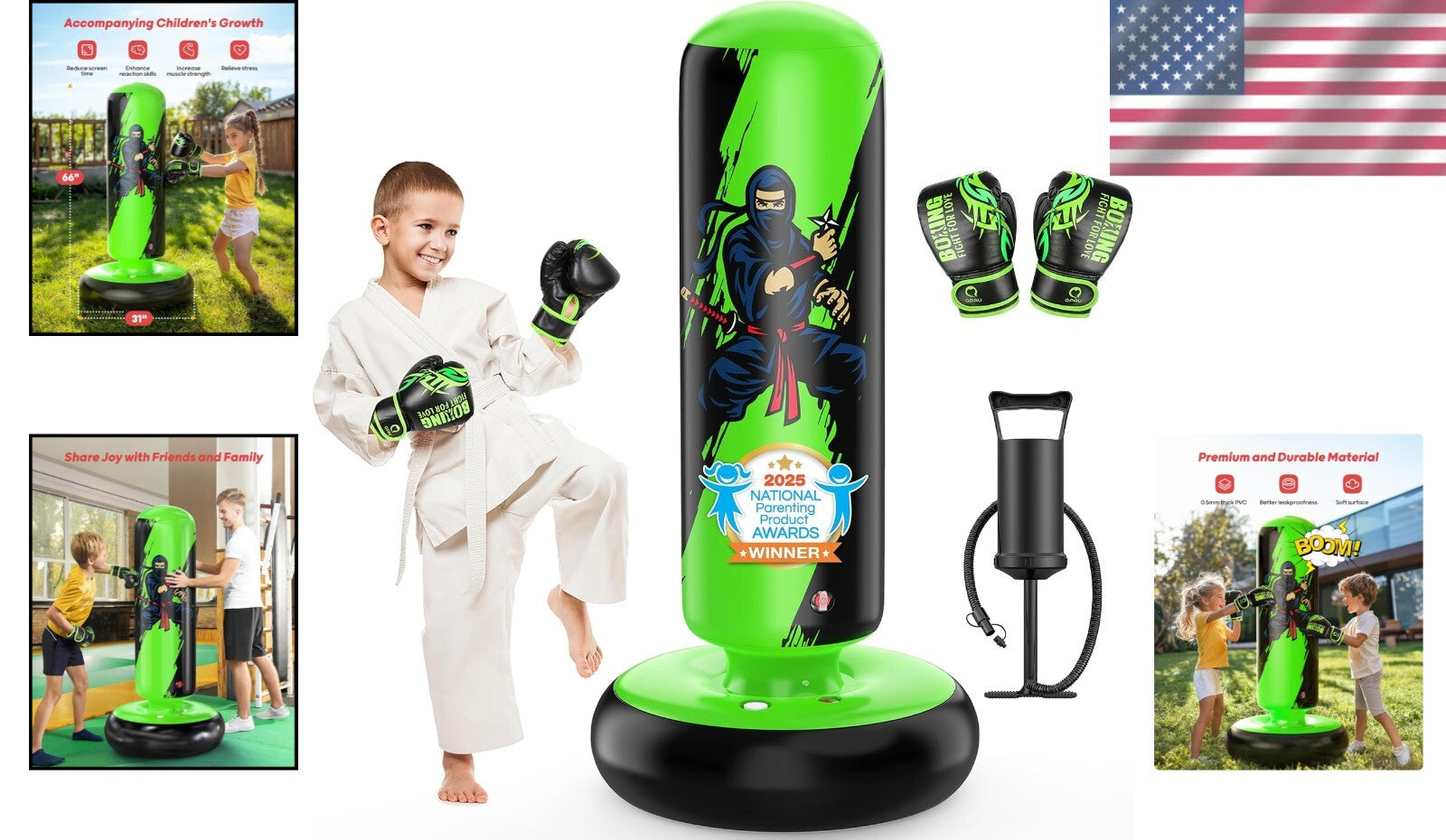 Kids Inflatable Punching Bag - Durable 66-Inch Boxing Set with Gloves & Pump