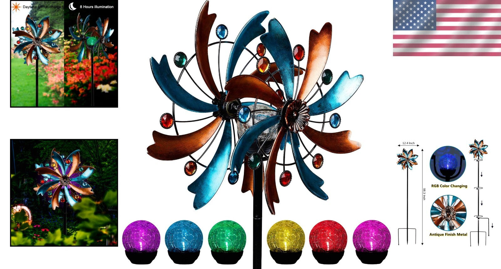 Weatherproof Solar Wind Spinner 56.3 Inch with RGB LED - Elegant Yard Decoration