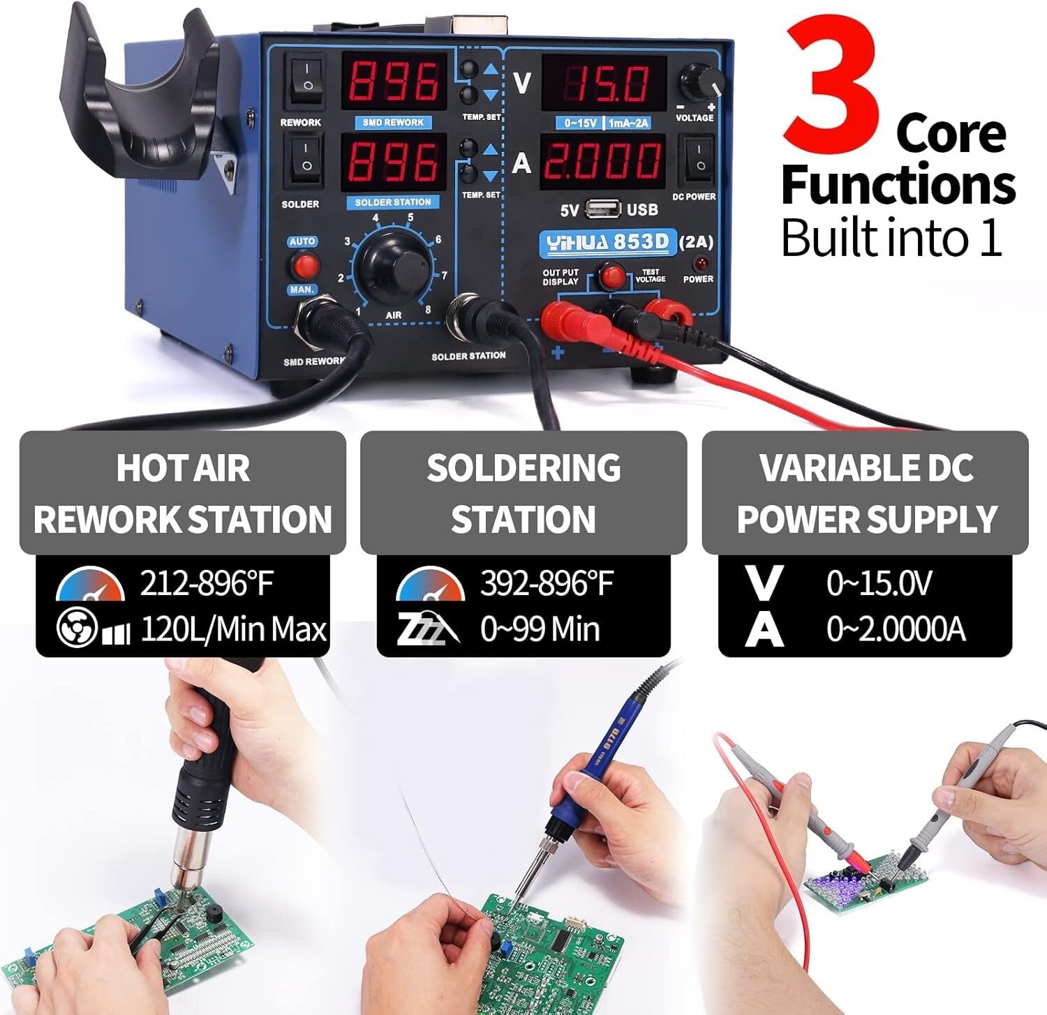 Versatile 3-in-1 Soldering Iron, Hot Air Rework, and 2A DC Power Supply Station