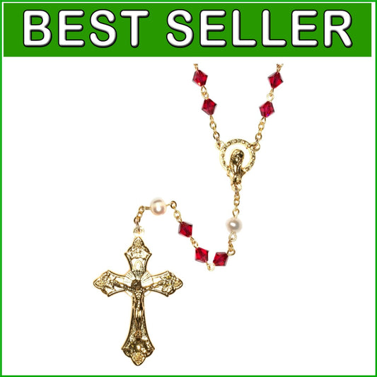 Exquisite 18'' Ruby Crystal Rosary with Gold Finish & Prayer Guide Included