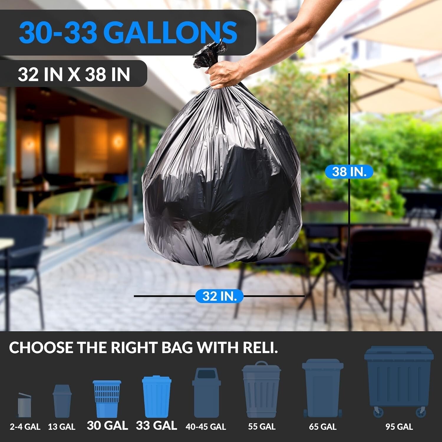 Extra Strong 33 Gallon Trash Bags - Black Plastic, 250 Heavy Duty Liners