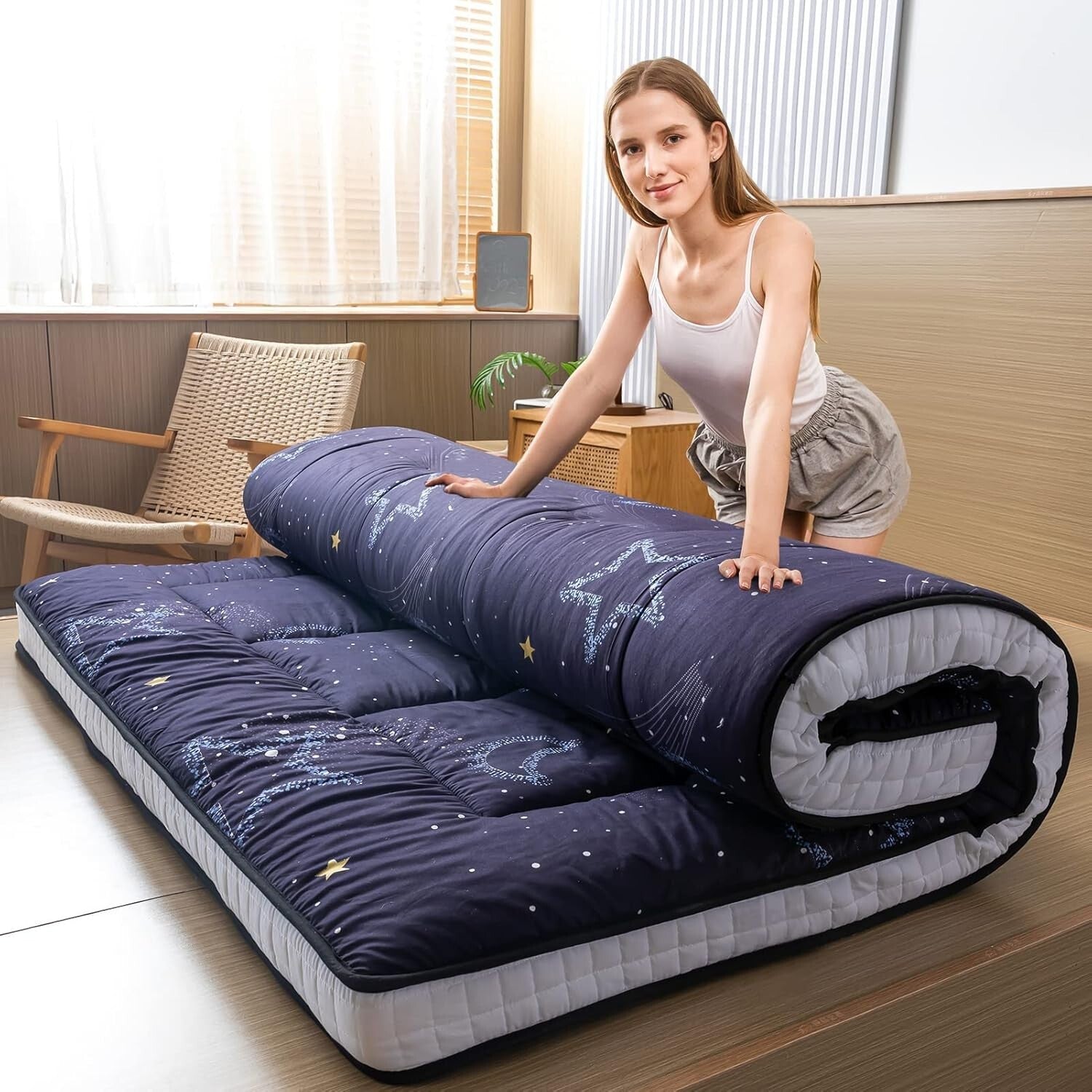 Quilted Twin Floor Mattress in Moon and Star Design - Ideal for Guests & Camping