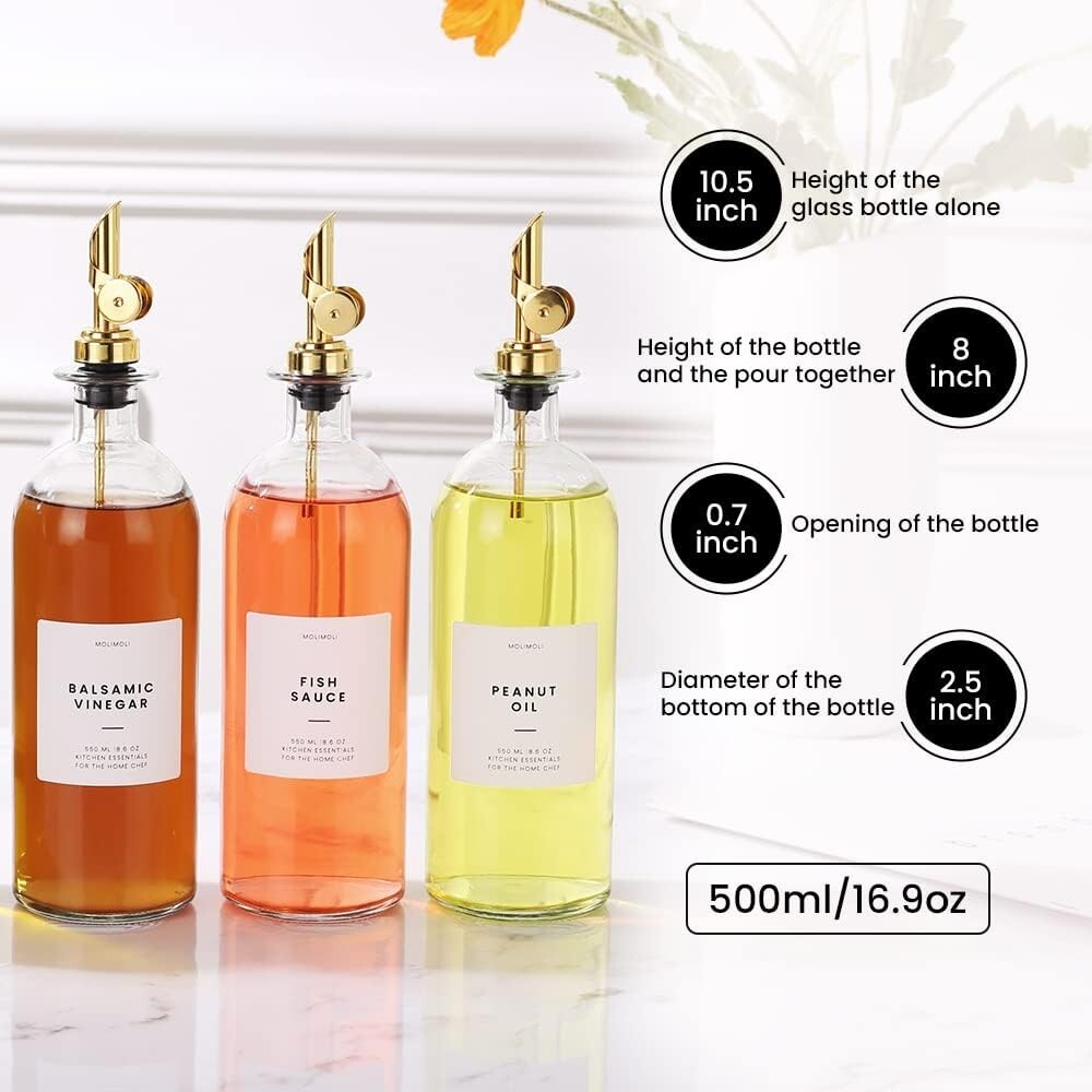 Elegant Minimalist Glass Olive Oil and Vinegar Dispenser Set with Labels - 500ml